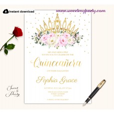 Cream pink roses Quinceanera invitation printable template, (135)